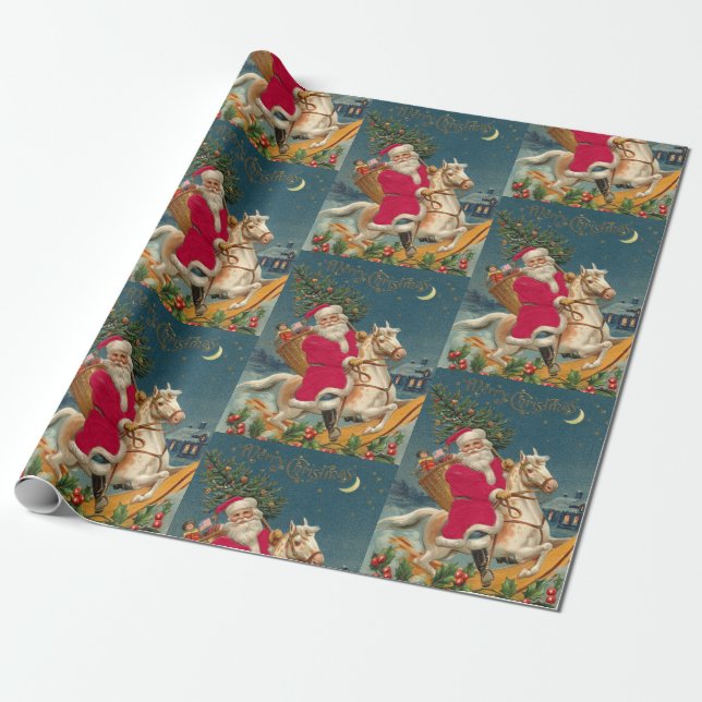 Papel De Regalo Feliz Navidad, Papá Noel en caballo (Desenrollado)
