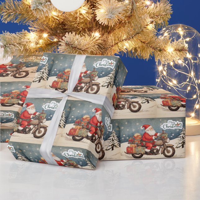 Papel De Regalo Feliz Navidad Papá Noel en motocicleta (Vacaciones)