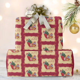 Papel De Regalo Feliz Navidad Paseo en Trineo Rayas Rojas