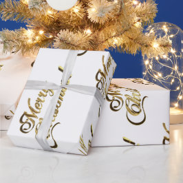 Papel De Regalo Feliz Navidad Patrón de texto Oro y Blanco moderno
