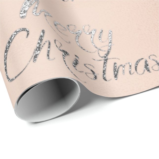 Papel De Regalo Feliz Navidad Plata Gris Purpurina Rosa RosaBlush (Esquina del rollo)