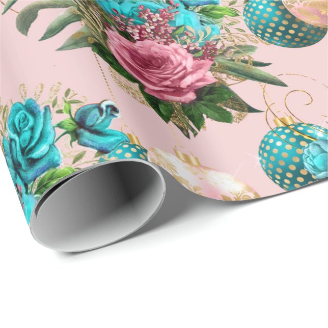 Papel De Regalo Feliz Navidad Purpurina Bauble Gold Rosa Azul Rosa (Esquina del rollo)
