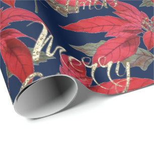 Papel De Regalo Feliz Navidad Purpurina de oro Script Floral Naval