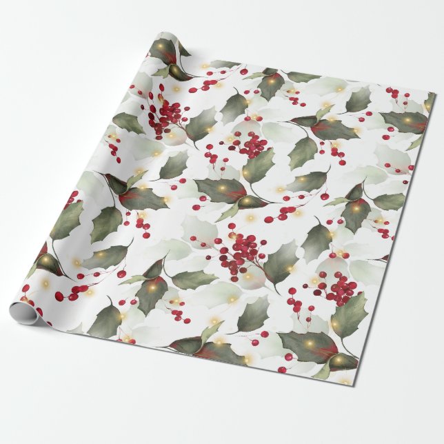 Papel De Regalo Feliz Navidad Red Holly Berries Gold Lights (Desenrollado)