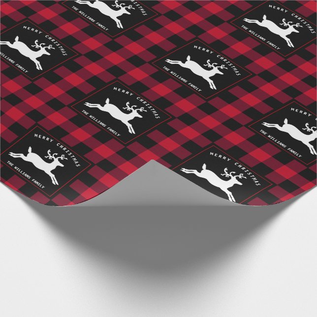Papel De Regalo Feliz navidad reno Red Black Buffalo Check (Esquina)