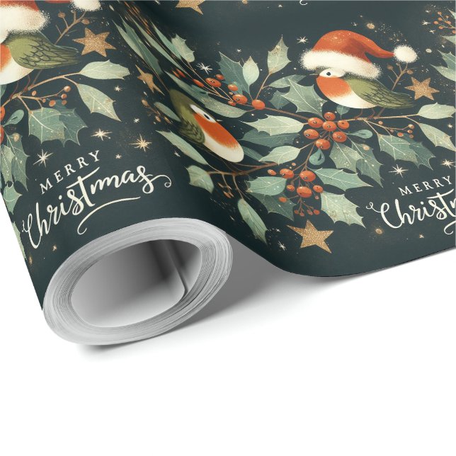 Papel De Regalo Feliz Navidad Robin Mistletoe Wreath (Esquina del rollo)