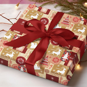 Papel De Regalo Feliz Navidad Rojo Dorado Santa Tartán Patchwork