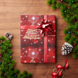 Papel De Regalo Feliz Navidad Rojo y Árbol de Navidad dorado
