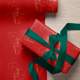 Papel De Regalo Feliz Navidad rojo y dorado guión elegante