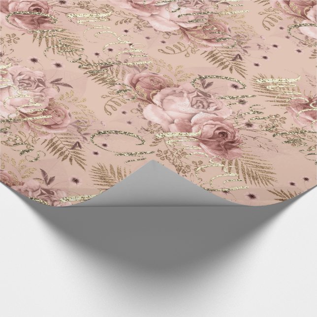Papel De Regalo Feliz Navidad Rosa Gold Purpurina Script Floral (Esquina)