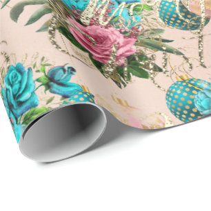 Papel De Regalo Feliz Navidad Rosas de guión antiguo Rosa Verde Ro