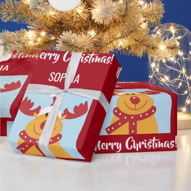 Papel De Regalo Feliz Navidad Rudolph Reindeer nombre personalizad (Vacaciones)
