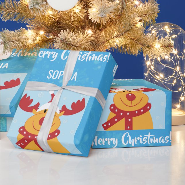 Papel De Regalo Feliz Navidad Rudolph Reindeer nombre personalizad (Vacaciones)