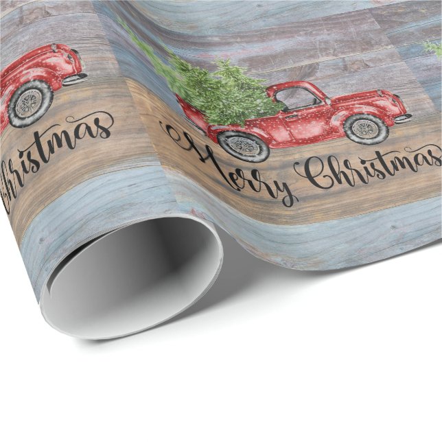 Papel De Regalo Feliz Navidad Rustic Wood Y Camión Rojo Cuto (Esquina del rollo)