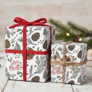 Papel De Regalo Feliz Navidad Rústico Piñas y Bayas de Acebo