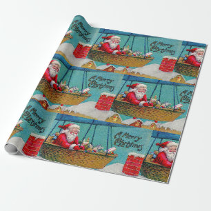 Papel De Regalo Feliz Navidad Santa Antiguo en Globo Aerostático 