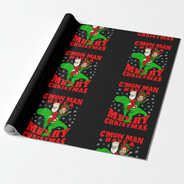Papel De Regalo feliz navidad santa biden kamala harris dinosaur (Desenrollado)