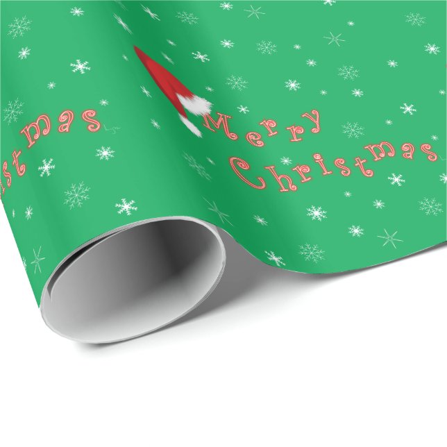 Papel De Regalo Feliz Navidad Santa Hat Green (Esquina del rollo)