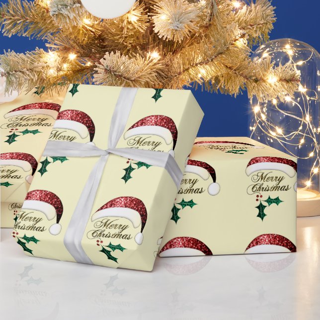 Papel De Regalo Feliz Navidad Santa hat Red Gold Green Sparkings (Vacaciones)