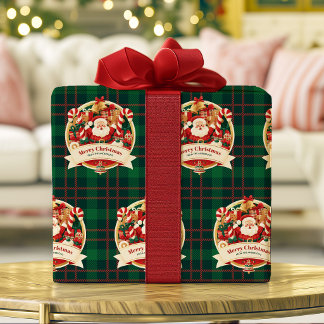 Papel De Regalo Feliz Navidad Santa Lindo Cuadrillé Verde Nombre P