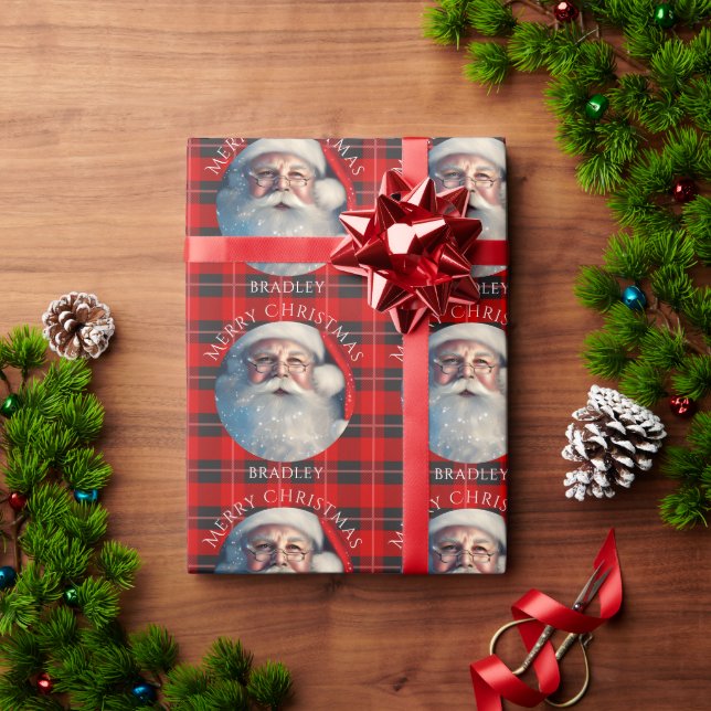 Papel De Regalo Feliz Navidad Santa Red Plaid Nombre Personalizado (Regalo de vacaciones)