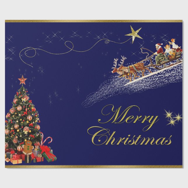 Papel De Regalo Feliz Navidad Santa Riding Sleigh Christmas Tree (Superficie plana)
