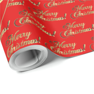 Papel De Regalo Feliz Navidad Script Guión Hoja de Oro Rojo Brilla