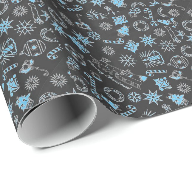 Papel De Regalo Feliz Navidad Símbolos Black Blue Santa (Esquina del rollo)