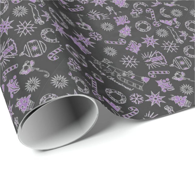 Papel De Regalo Feliz Navidad Símbolos Black Purple Santa (Esquina del rollo)