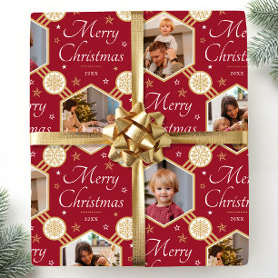 Papel De Regalo Feliz Navidad Snowflake Foto Oro Rojo Profundo