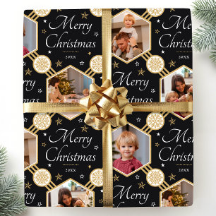 Papel De Regalo Feliz Navidad Snowflake Photo Black Gold