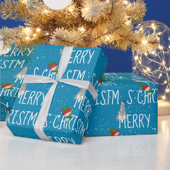 Papel De Regalo Feliz Navidad Snowman y árbol en los copos de niev (Vacaciones)