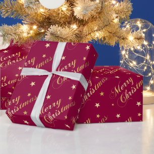 Papel De Regalo Feliz Navidad Tonos Dorados Estrellas Burgundy Ele