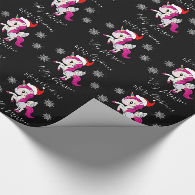 Papel De Regalo Feliz Navidad unicornio y copos de nieve personali (Esquina)