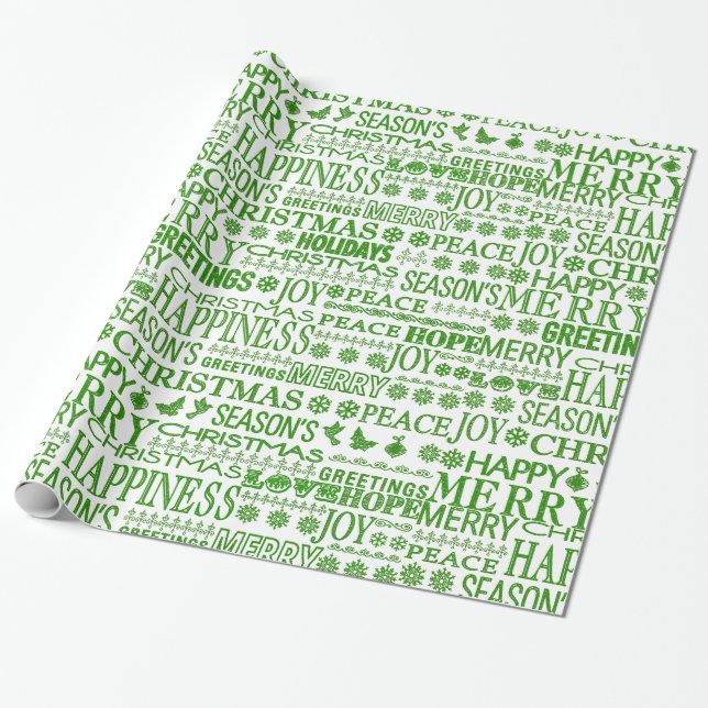 Papel De Regalo Feliz Navidad Verde Y Blanca Multilingüe (Desenrollado)