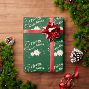 Papel De Regalo Feliz Navidad Verde y Dorado con Flor de Pascua Bl