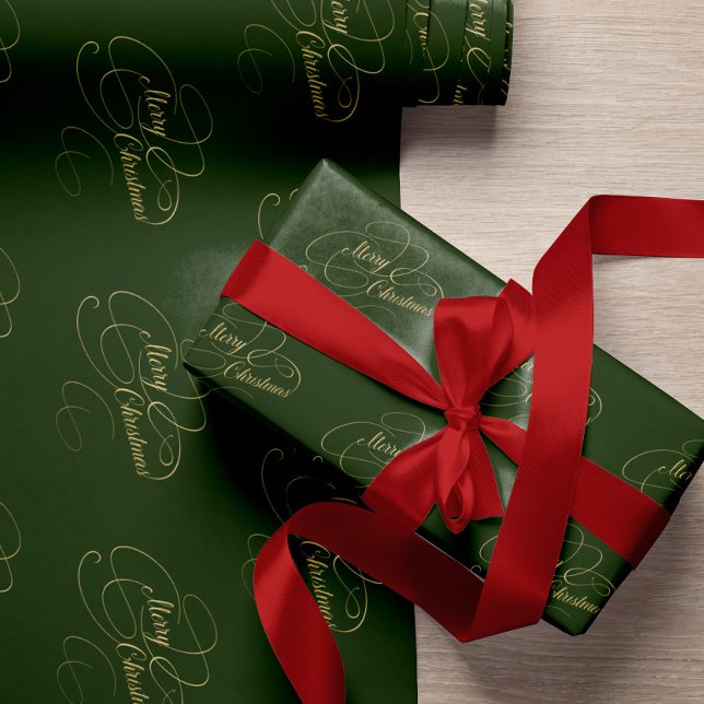 Papel De Regalo Feliz Navidad verde y dorado guión elegante (Subido por el creador)
