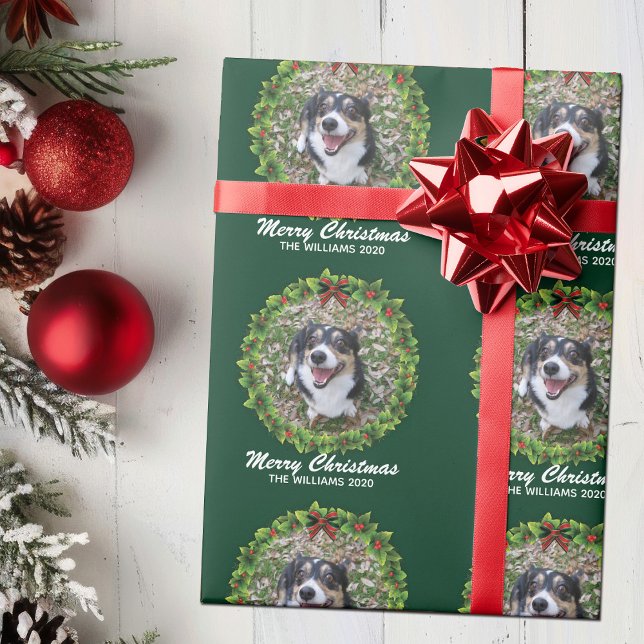 Papel De Regalo Feliz Navidad Wreath Personalizado Perro Foto Verd (Subido por el creador)