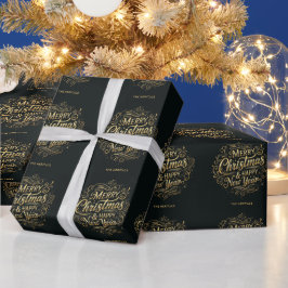 Papel De Regalo Feliz Navidad y Feliz Año Nuevo en negro y oro