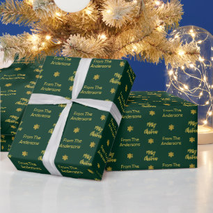 Papel De Regalo Feliz Navidad y nombre Dark Green Gold Snowflakes