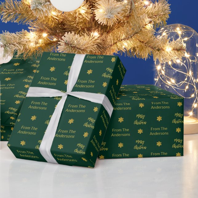 Papel De Regalo Feliz Navidad y nombre Dark Green Gold Snowflakes (Vacaciones)