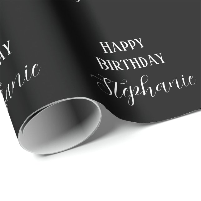 Papel De Regalo Feliz nombre de cumpleaños Monograma blanco negro  (Esquina del rollo)