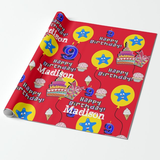 Papel De Regalo Feliz noveno cumpleaños envolviendo globos de pape (Desenrollado)