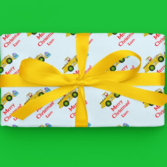 Papel De Regalo Feliz Papá Noel en Bulldozer entregando regalo (Bulldozer Santa brings gifts! Wrap presents, spark child's joy with personalized cheer.)