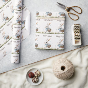 Papel De Regalo Feliz Pascua, conejo de Pascua caminando con huevo