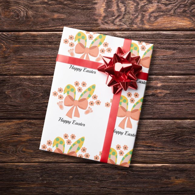 Papel De Regalo "Feliz Pascua" Orejas de conejito y patrón de arco (Subido por el creador)