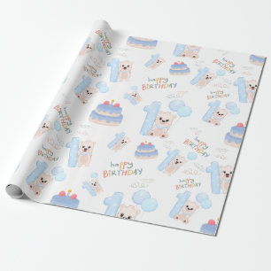 Papel De Regalo Feliz primer cumpleaños bebé niño lindo oso azul