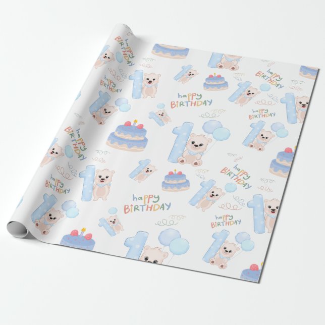 Papel De Regalo Feliz primer cumpleaños bebé niño lindo oso azul (Desenrollado)