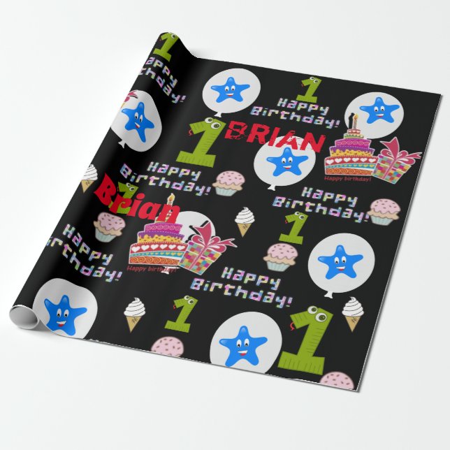 Papel De Regalo Feliz primer cumpleaños envolviendo globos de pape (Desenrollado)