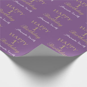 Papel De Regalo Feliz primer cumpleaños Purpurina de oro y morado